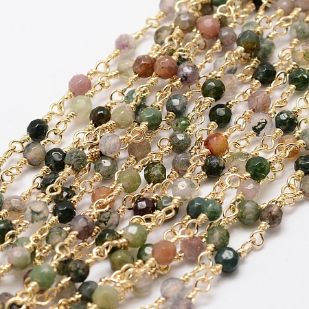 3.28 Feet Faceted Round Natural Agate Handmade Beaded Chains, Unwelded, with Golden Brass Findings, Cadmium Free & Nickel Free & Lead Free, Colorful, 14.5x4mm