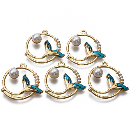 ARRICRAFT Alloy Enamel Pendants, Light Gold, with ABS Plastic Imitation Pearl, Cadmium Free & Nickel Free & Lead Free, Ring with Whale Tail, Dark Cyan, 30.5x29x7.5mm, Hole: 1.8mm