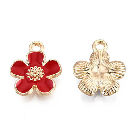 Honeyhandy Eco-Friendly Zinc Alloy Pendants, with Enamel, Cadmium Free & Nickel Free & Lead Free, 5- Petal Flower, Light Gold, Red, 16x13x3mm, Hole: 1.8mm