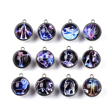 ARRICRAFT Glass Pendants, with Eco-Friendly Zinc Alloy Findings, Platinum, Cadmium Free & Nickel Free & Lead Free, Round with Constellation, 12 Constellations, 26x22x22mm, Hole: 2.5mm, 1pc/constellation, 12 constellation, 12pcs/set