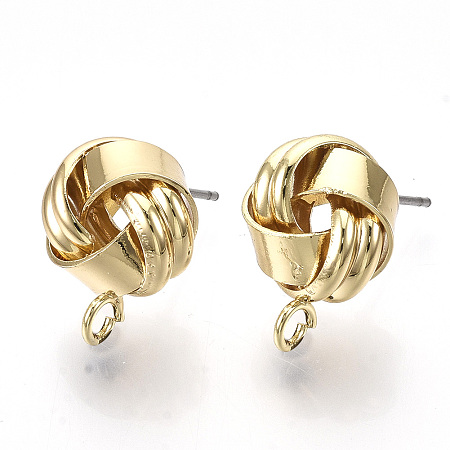 Honeyhandy Iron Stud Earring Findings, with Loop, Raw(Unplated) Pin, Love Knot Earrings, Cadmium Free & Nickel Free & Lead Free, Golden, 16~17x12.5mm, Hole: 2mm, Pin: 0.8mm
