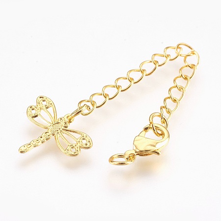 Honeyhandy Brass Chain Extender, with Lobster Claw Clasps, Cadmium Free & Nickel Free & Lead Free, Long-Lasting Plated, Dragonfly, Real 18K Gold Plated, 70~75x3mm, Hole: 2.5mm, Clasps: 10x6x3mm