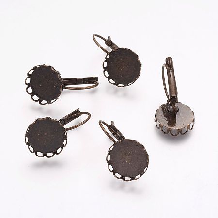 Honeyhandy Vintage Brass Leverback Earrings Blank Base Cabochon Settings, Cadmium Free & Nickel Free & Lead Free, Antique Bronze, Flat Round Tray: 12mm, 24x13x3mm, Pin: 0.6mm
