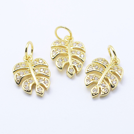 Honeyhandy Brass Micro Pave Cubic Zirconia Charms, Tropical Leaf Charms, Monstera Leaf, Lead Free & Nickel Free & Cadmium Free, Golden, 14x9.5x2mm, Hole: 3mm