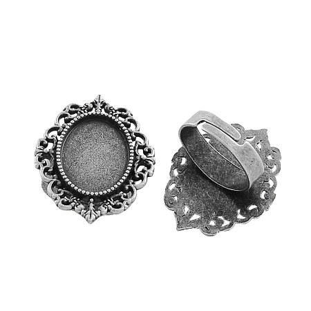 Honeyhandy Vintage Adjustable Iron Finger Ring Components Alloy Cabochon Bezel Settings, Cadmium Free & Lead Free, Antique Silver, 17x5mm, Oval Tray: 18x13mm