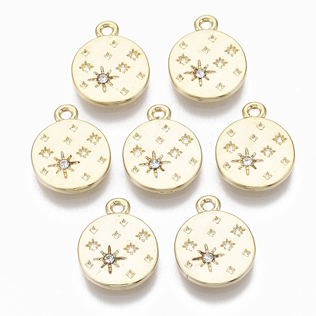 Honeyhandy Alloy Pendants, with Crystal Rhinestone, Cadmium Free & Nickel Free & Lead Free, Flat Round with Star, Real 18K Gold Plated, 15x12x2mm, Hole: 1.5mm