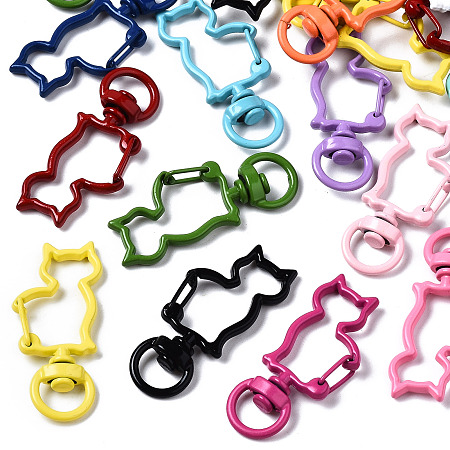 Honeyhandy Spray Painted Eco-Friendly Alloy Swivel Snap Hooks Clasps, Cadmium Free & Nickel Free & Lead Free, Cat, Mixed Color, 41x18x6mm, Hole: 5x9mm