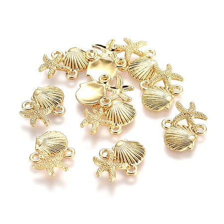 Honeyhandy Alloy Links connectors, Ocean Theme, Lead Free & Nickel Free & Cadmium Free, Starfish/Sea Stars and Scallop Shell Shape, Real 14K Gold Plated, 18x13.5x2.5mm, Hole: 1.5mm