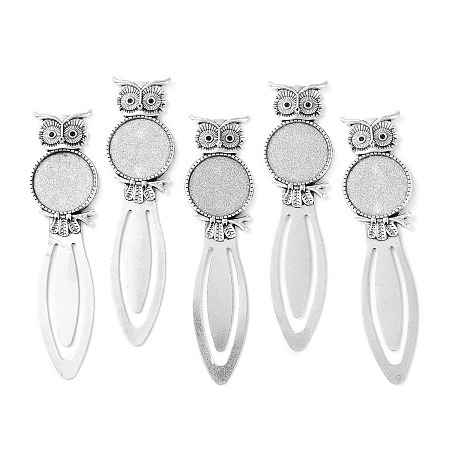 Honeyhandy Owl Vintage Tibetan Style Alloy Bookmarks Cabochon Settings, Cadmium Free & Lead Free, Antique Silver, Flat Round Tray: 20mm, Fit for 1.5mm Rhinestone, 88x22.5x3mm