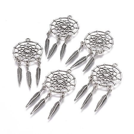 Honeyhandy Tibetan Style Alloy Pendants, Woven Net/Web with Feather, Lead Free & Nickel Free & Cadmium Free, Thai Sterling Silver Plated, 63x28x1.5mm, Hole: 2mm