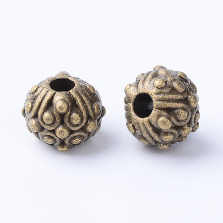 Honeyhandy Tibetan Style Alloy Beads, Round with Flower, Cadmium Free & Nickel Free & Lead Free, Antique Bronze, 11x8~8.5mm, Hole: 3mm
