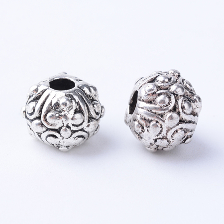 Honeyhandy Tibetan Style Alloy Beads, Round with Flower, Cadmium Free & Nickel Free & Lead Free, Antique Silver, 11x8~8.5mm, Hole: 3mm