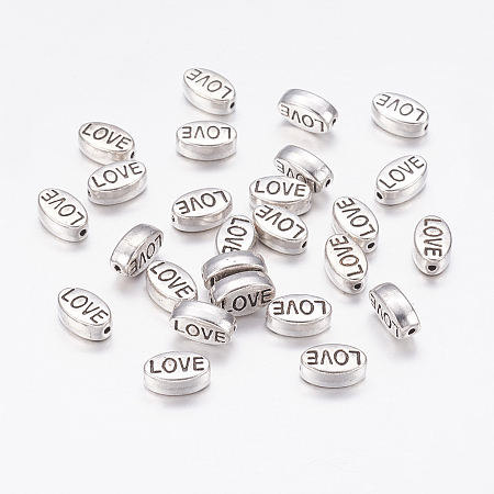 Honeyhandy Tibetan Style Alloy Beads, Oval with Word Love, Valentine's Day, Cadmium Free & Nickel Free & Lead Free, Antique Silver, 10x6x4mm, Hole: 1mm