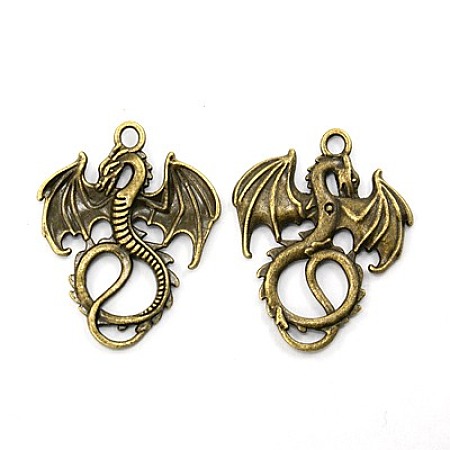 Honeyhandy Tibetan Style Pendants, Alloy Dragon Necklace Pendants, Cadmium Free & Nickel Free & Lead Free, Antique Bronze, 35x28x2mm, Hole: 2.5mm