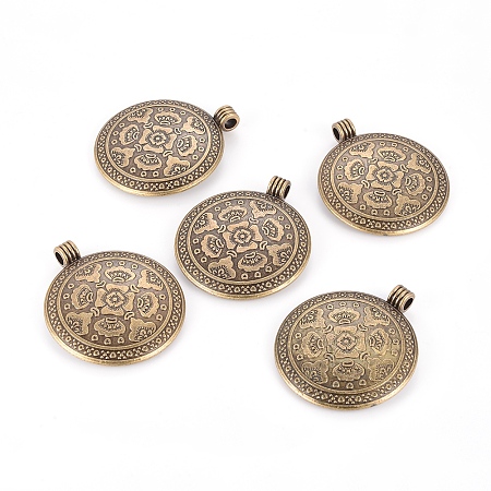 Honeyhandy Tibetan Style Flat Round with Flower Alloy Big Pendants, Lead Free & Nickel Free & Cadmium Free, Antique Bronze, 54x46.5x2.5mm, Hole: 5mm