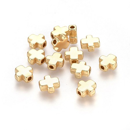 Honeyhandy Alloy Beads, Cross, Lead Free & Nickel Free & Cadmium Free, Real 18K Gold Plated, Matte Gold Color, 8.5x8x3.5mm, Hole: 1.5mm
