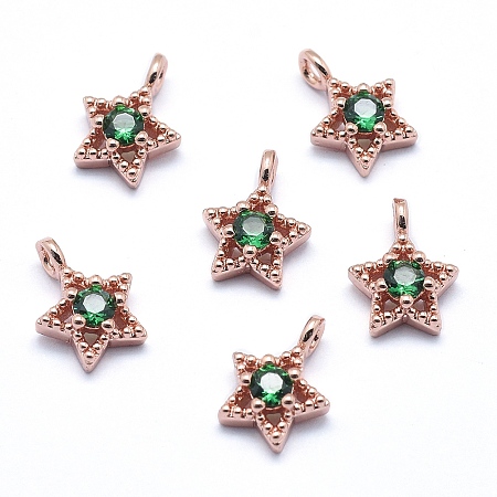 ARRICRAFT Brass Charms, with Cubic Zirconia, Lead Free & Cadmium Free & Nickel Free, Star, Green, Real Rose Gold Plated, 11x7.5x4mm, Hole: 2mm