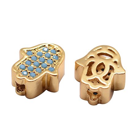 NBEADS 5PCS Environmental Brass Micro Pave Cubic Zirconia Beads Gold Beads SkyBlue Gemstones Cubic Zirconia Hamsa Hand Spacer Connector Charms Bracelet Necklace Beads, 9.5x8x4mm, Hole: 1mm
