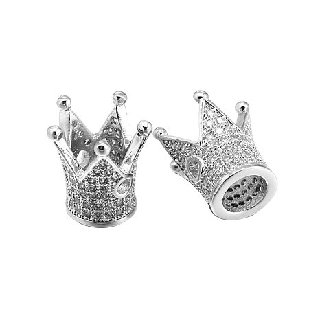 NBEADS 2Pcs Platinum Color Cubic Zirconia Pave King Queen Crown Beads Bracelet Connector Spacer Charm Beads, Brass Loose Beads for Bracelet Necklace Earrings DIY Jewelry Making Crafts Design