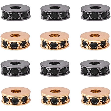 NBEADS 12 Pcs Real 18K Gold Plated Brass Cubic Zirconia Spacer Beads Flat Round Micro Pave CZ Beads Rondelle Rhinestone Beads for Jewelry Making