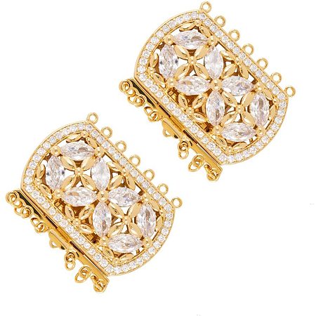 PandaHall Elite 2 Sets 43mm Brass Cubic Zirconia Box Clasps Golden Multi-Strand Box Clasps Rectangle Push Pull Box Clasps for Necklace Bracelet Jewelry Findings 1.5x2.5mm Hole