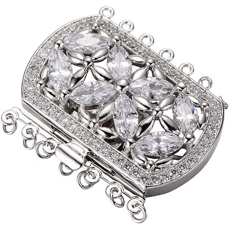 PandaHall Elite 2 Sets Brass Cubic Zirconia Box Clasps Platinum Multi-Strand Box Clasps Rectangle Push Pull Box Clasps for Necklace Bracelet Jewelry Findings 34x43x9mm 1.5mm 2.5mm Hole