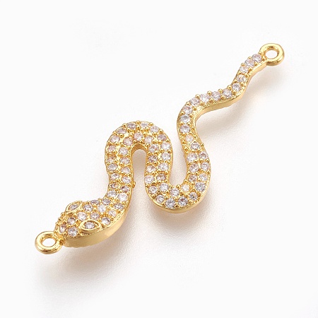 Arricraft Brass Micro Pave Cubic Zirconia Links, Long-Lasting Plated, Snake, Lead Free & Nickel Free & Cadmium Free, Clear, Real 18K Gold Plated, 39x13.5x3mm, Hole: 1.2mm
