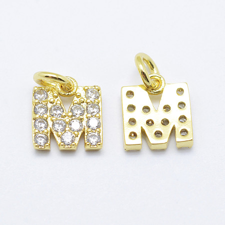 Honeyhandy Brass Micro Pave Grade AAA Cubic Zirconia Charms, Letter M, Cadmium Free & Nickel Free & Lead Free, Real 18K Gold Plated, 8x7x1.5mm, Hole: 2mm