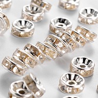 Iron Rhinestone Spacer Beads, for Jewelry Craft Making Findings, Grade B, Rondelle, Straight Edge, Clear, Silver Color Plated, 7~8x3.5mm, Hole: 2mm