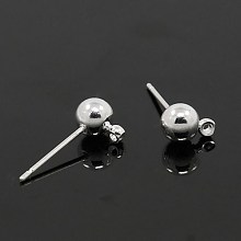 Honeyhandy Brass Ball Post Ear Studs, with Loop & 304 Stainless Steel Pins, Silver, 15.2~15.7x5mm, Hole: 1mm, Pin: 0.7mm