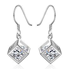 Honeyhandy Elegant Fashion Cube Brass Cubic Zirconia Dangle Earrings, Clear, Silver Color Plated, 30x11mm