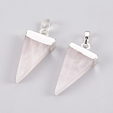 Honeyhandy Natural Rose Quartz Pendants, with Brass Findings, Triangle, Silver, 27~29x12~13x4~5mm, Hole: 4x6mm