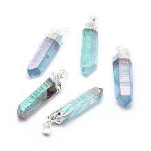 Honeyhandy Faceted Natural Quartz Crystal Pointed Pendants, with Brass Finding, AB Color Plated, Bullet, Silver Color Plated, Medium Turquoise, 42~49x10~13x8~11mm, Hole: 5x8mm