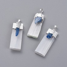 Honeyhandy Natural Calcite Big Pendants, with Natural Kyanite and Brass Findings, Rectangle, Silver Color Plated, 47~55x15~20x8~11mm, Hole: 7.5x5mm