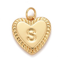 Honeyhandy Rack Plating Real 18K Gold Plated Brass Pendants, with Jump Rings, Long-Lasting Plated, Lead Free & Cadmium Free & Nickel Free, Heart with Letter A~Z, Letter.S, 16x15x2.5mm, Jump Ring: 5x0.5mm, 3mm Inner Diameter