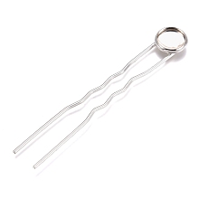 Honeyhandy Iron Hair Fork Findings, with Flat Round Brass Cabochon Settings, Silver Color Plated, Tray: 10mm, 78x12x3mm