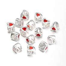 Alloy European Stlye Beads, Mother's Day Gifts Making, with Enamel, Large Hole Beads, Lead Free and Cadmium Free, Heart, Silver Color Plated, about 9mm long, 8.5mm wide, 9mm thick, hole: 4.5mm