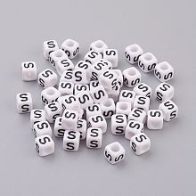 Honeyhandy Acrylic Horizontal Hole Letter Beads, Cube, White, Letter S, Size: about 6mm wide, 6mm long, 6mm high, hole: about 3.2mm, about 2600pcs/500g