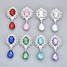 Honeyhandy Alloy Flat Back Cabochons, with Acrylic Rhinestones, Oval and Teardrop, Silver Color Plated, Faceted, Mixed Color, 58x29x7mm, Pendant: 24.5x13x7mm