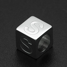 Honeyhandy 304 Stainless Steel European Beads, Large Hole Beads, Horizontal Hole, Cube, Stainless Steel Color, Letter.S, 7x7x7mm, Hole: 5mm