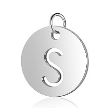 Honeyhandy 304 Stainless Steel Charms, Flat Round with Letter, Stainless Steel Color, Letter.S, 12x1mm, Hole: 2.5mm