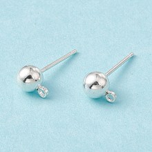 Honeyhandy Brass Ball Post Ear Studs, with Loop & 304 Stainless Steel Pins, Silver, 15.2~15.7x5mm, Hole: 1mm, Pin: 0.7mm