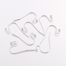 Honeyhandy Silver Color Plated Brass Hook Ear Wire, Lead Free and Cadmium Free, Size: about 11mm wide, 22mm long, 0.75mm thick, Ball: 2mm in diameter