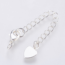 Honeyhandy Brass Chain Extender, with Lobster Claw Clasps and Heart Charm, Silver Color Plated, 68x3mm, Hole: 3mm, Charm: 8x6.5x0.5mm, Clasp: 9.5x5x2mm.