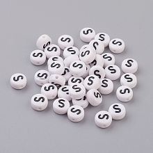 Honeyhandy Flat Round with Letter S Acrylic Beads, with Horizontal Hole, White & Black, Size: about 7mm in diameter, 4mm thick, hole: 1mm