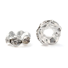 Honeyhandy Brass Rhinestone Spacer Beads, Grade A, Waves Edge, Rondelle, Silver Color Plated, Clear, Size: about 6mm in diameter, 3mm thick, hole: 1.5mm