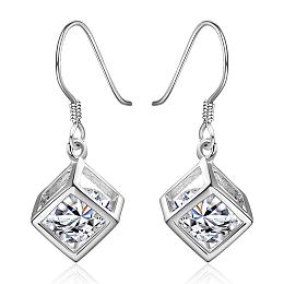 Honeyhandy Elegant Fashion Cube Brass Cubic Zirconia Dangle Earrings, Clear, Silver Color Plated, 30x11mm