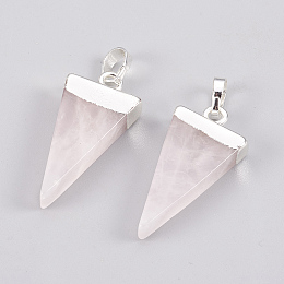 Honeyhandy Natural Rose Quartz Pendants, with Brass Findings, Triangle, Silver, 27~29x12~13x4~5mm, Hole: 4x6mm