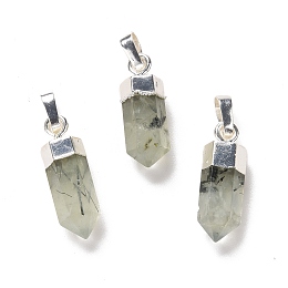 Honeyhandy Natural Prehnite Pendants, with Brass Findings, Bullet, Silver, 19~21x7mm, Hole: 4x6mm