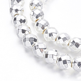 Honeyhandy Non-magnetic Synthetic Hematite Beads Strands, Grade A, Faceted, Round, Silver Plated, 6mm, Hole: 1.1mm, about 72pcs/strand, 15.7 inch